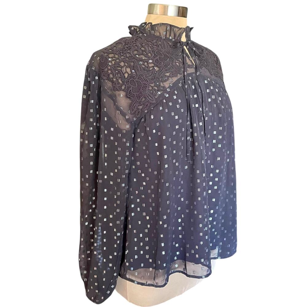 Calligraphie Black Lace Trim Metallic Clip Dot Sheer Blouse MED Whimsygoth Fairy - Picture 8 of 10